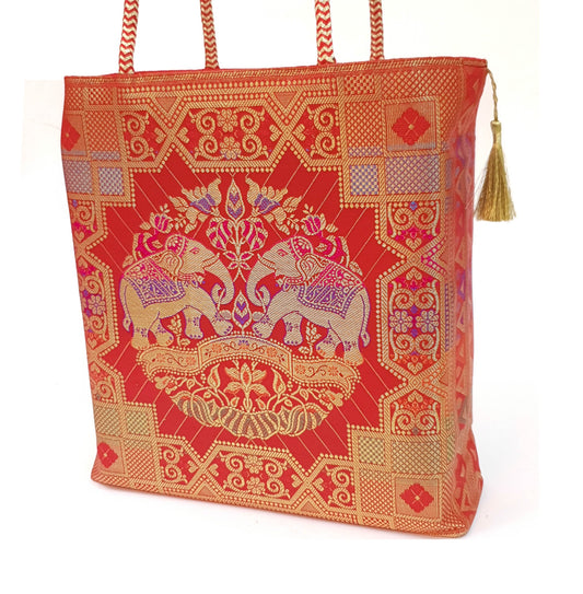 Wedding Red Hand Bag Banarasi Zari Brocade Golden Tassels in Elephant Motif