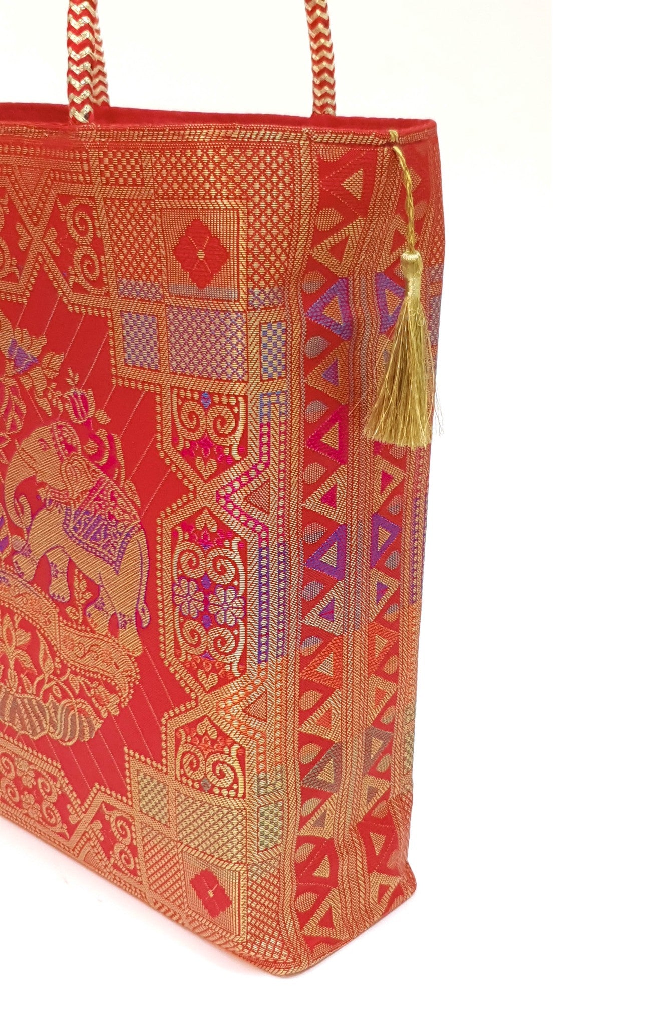 Wedding Red Hand Bag Banarasi Zari Brocade Golden Tassels in Elephant Motif
