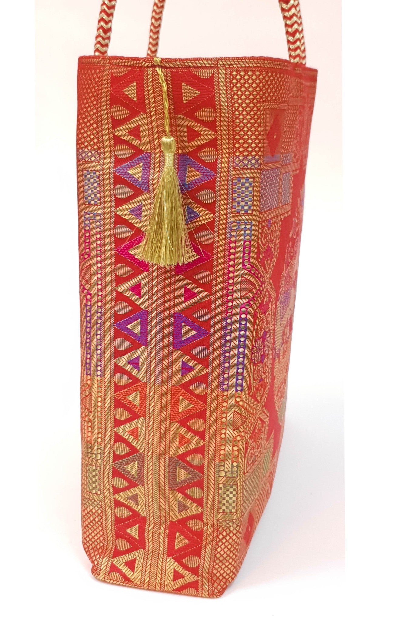 Wedding Red Hand Bag Banarasi Zari Brocade Golden Tassels in Elephant Motif