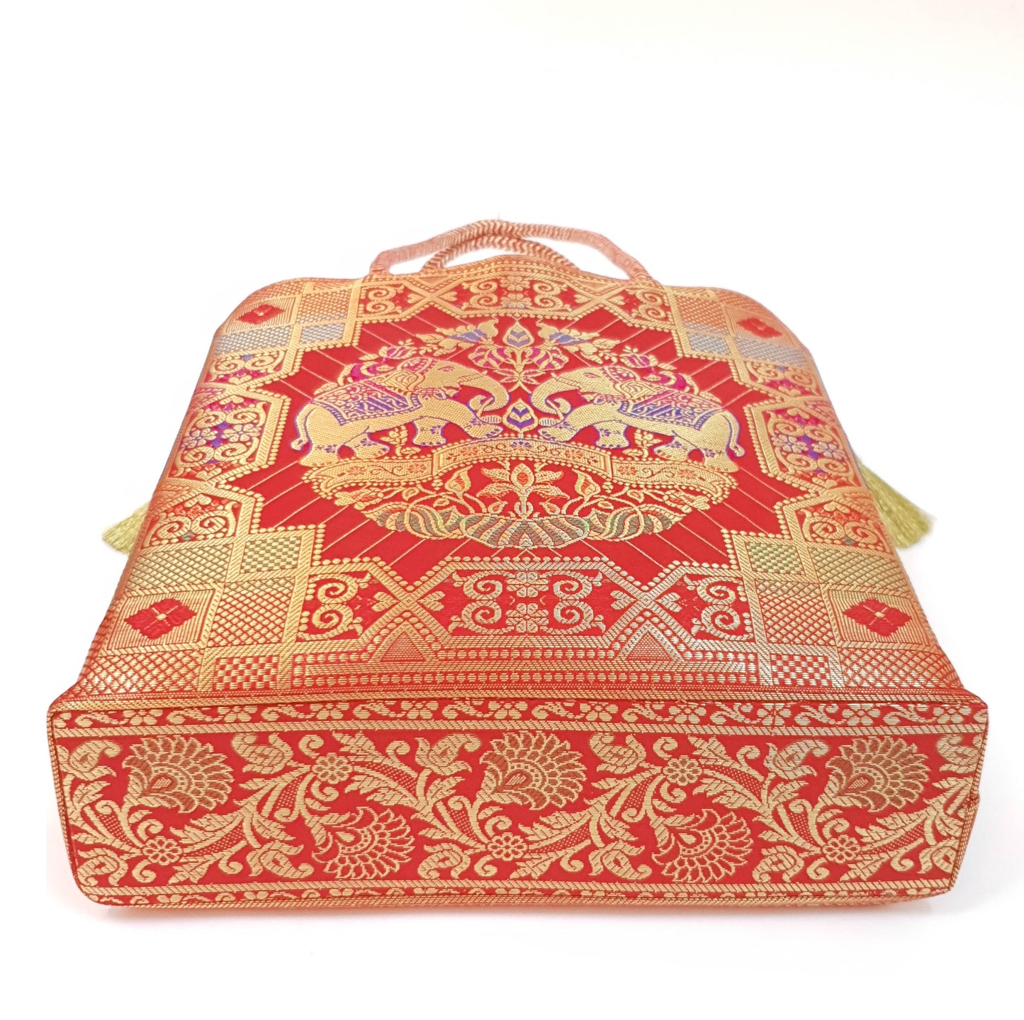 Wedding Red Hand Bag Banarasi Zari Brocade Golden Tassels in Elephant Motif