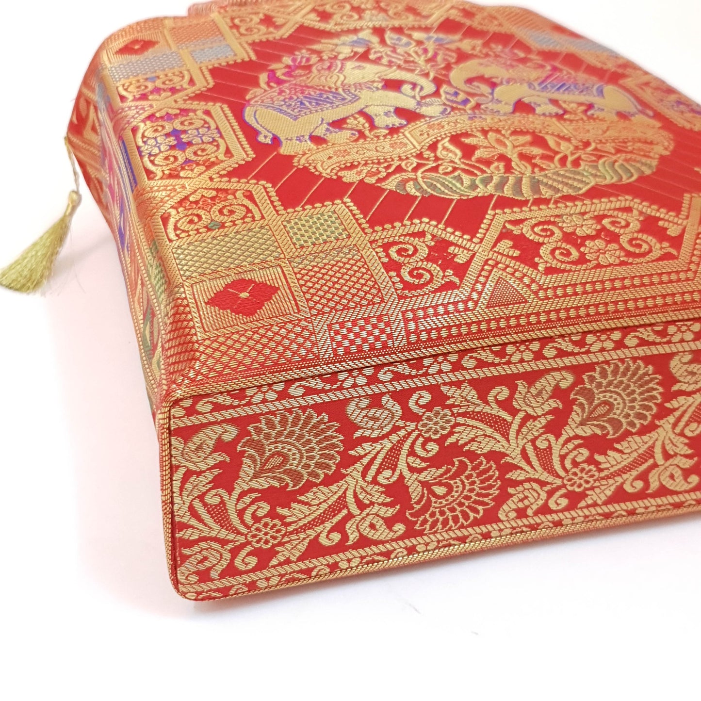 Wedding Red Hand Bag Banarasi Zari Brocade Golden Tassels in Elephant Motif