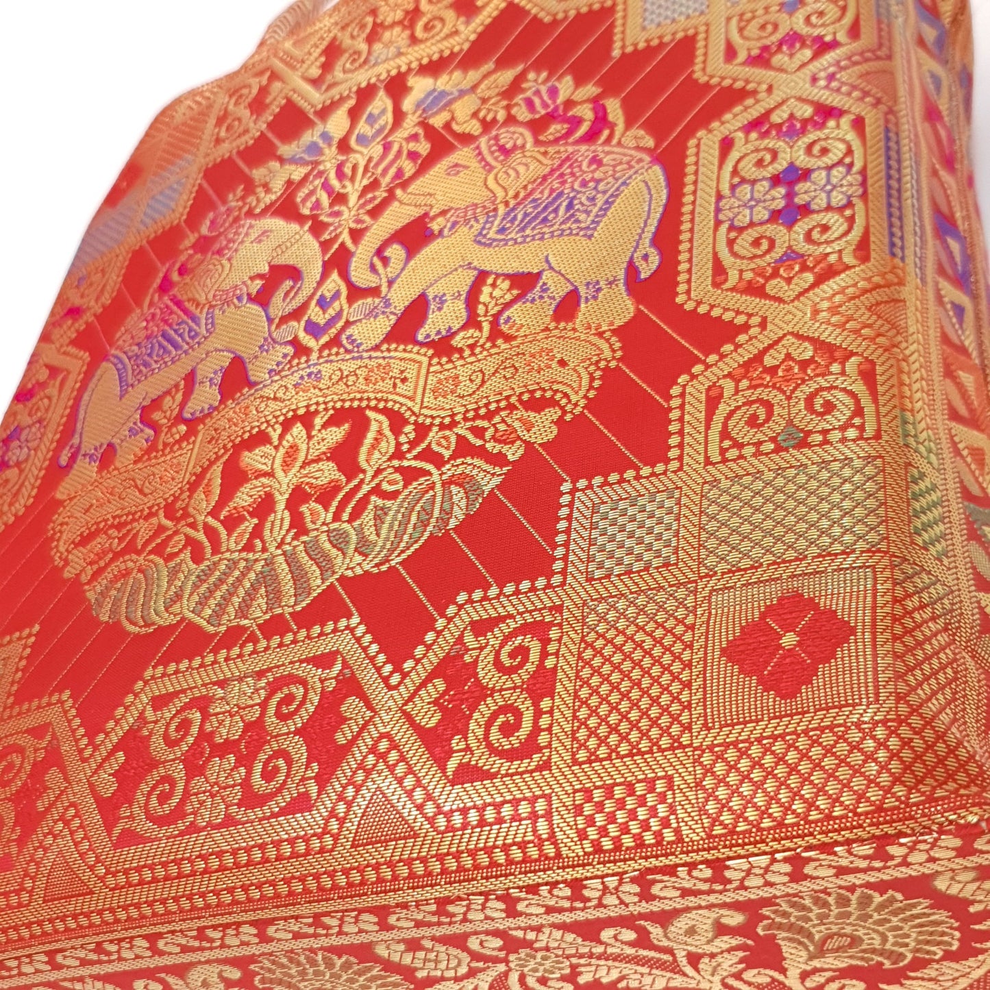 Wedding Red Hand Bag Banarasi Zari Brocade Golden Tassels in Elephant Motif