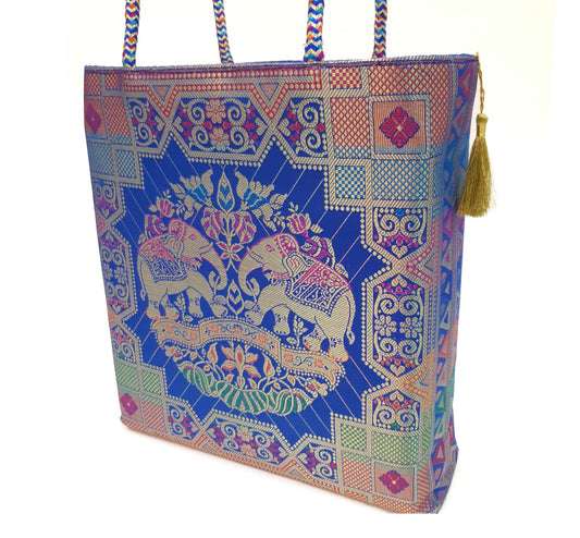 Blue Hand Bag Traditional Banarasi Zari Brocade Golden Tassels Elephant Motif