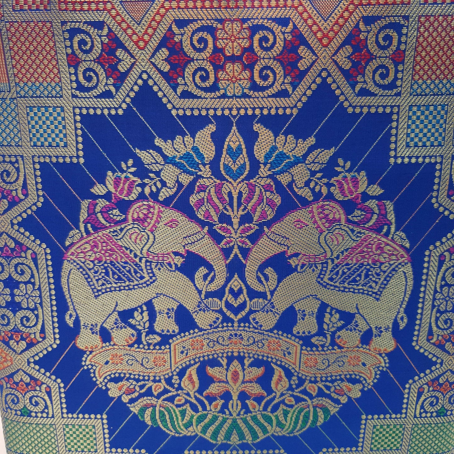 Blue Hand Bag Traditional Banarasi Zari Brocade Golden Tassels Elephant Motif