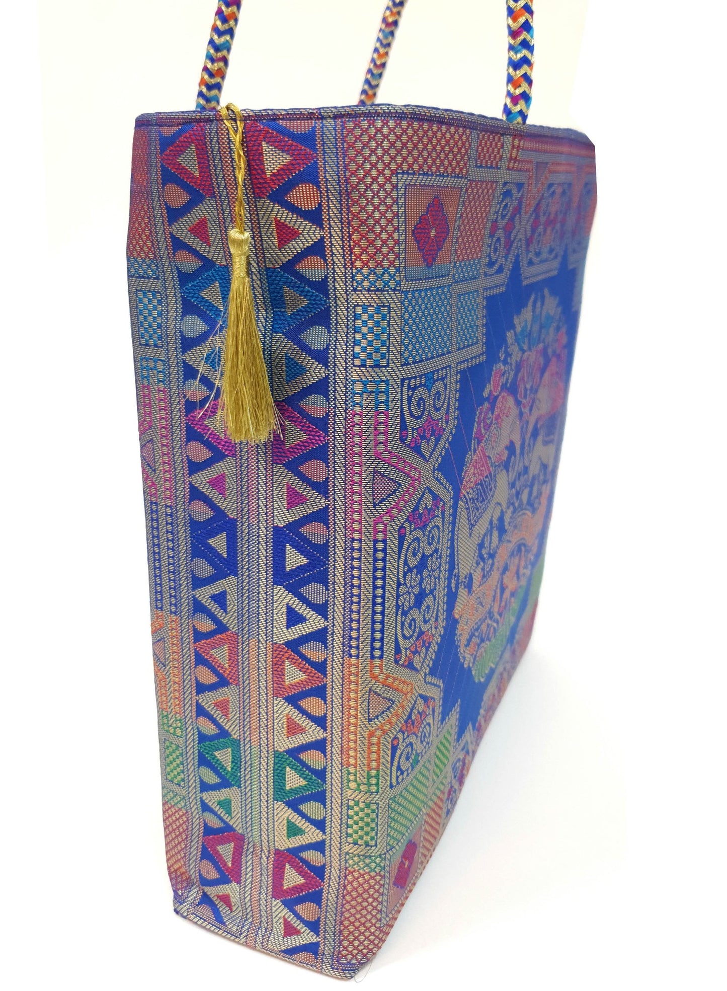 Blue Hand Bag Traditional Banarasi Zari Brocade Golden Tassels Elephant Motif