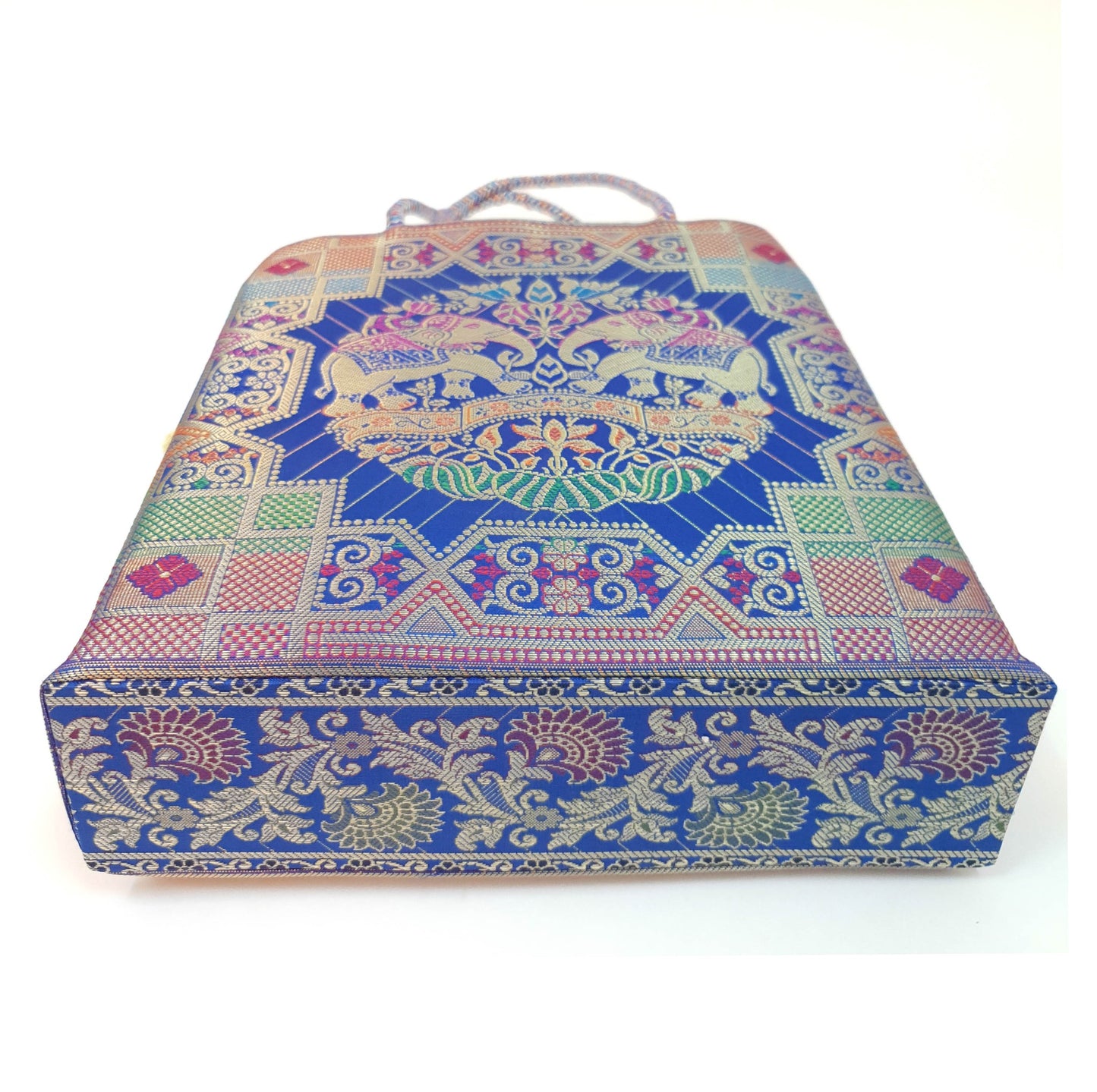Blue Hand Bag Traditional Banarasi Zari Brocade Golden Tassels Elephant Motif