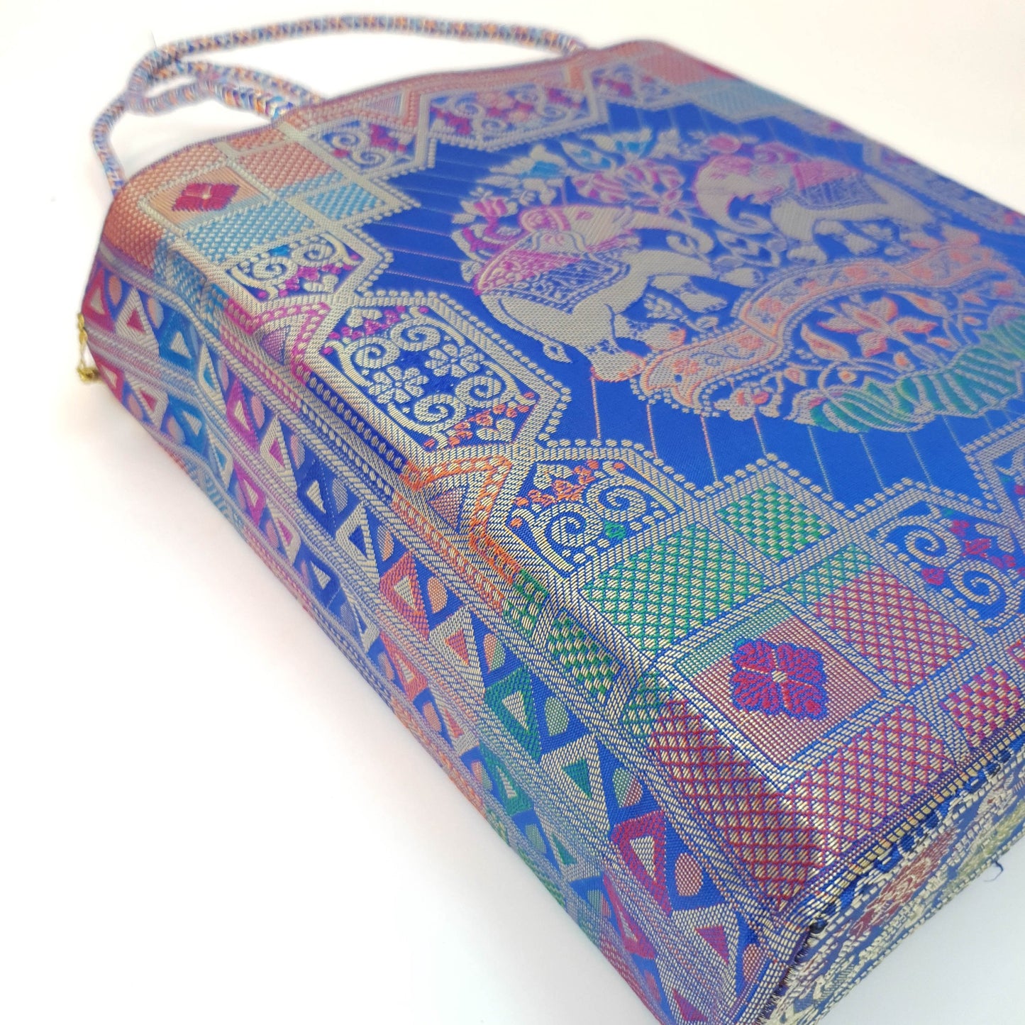 Blue Hand Bag Traditional Banarasi Zari Brocade Golden Tassels Elephant Motif