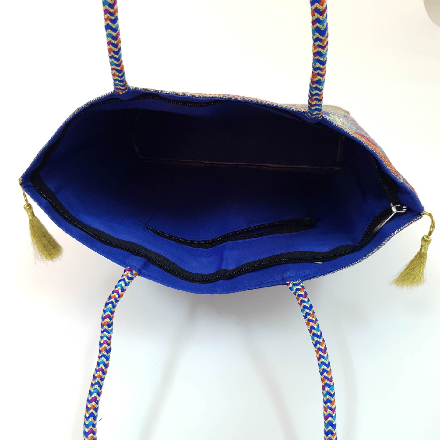 Blue Hand Bag Traditional Banarasi Zari Brocade Golden Tassels Elephant Motif