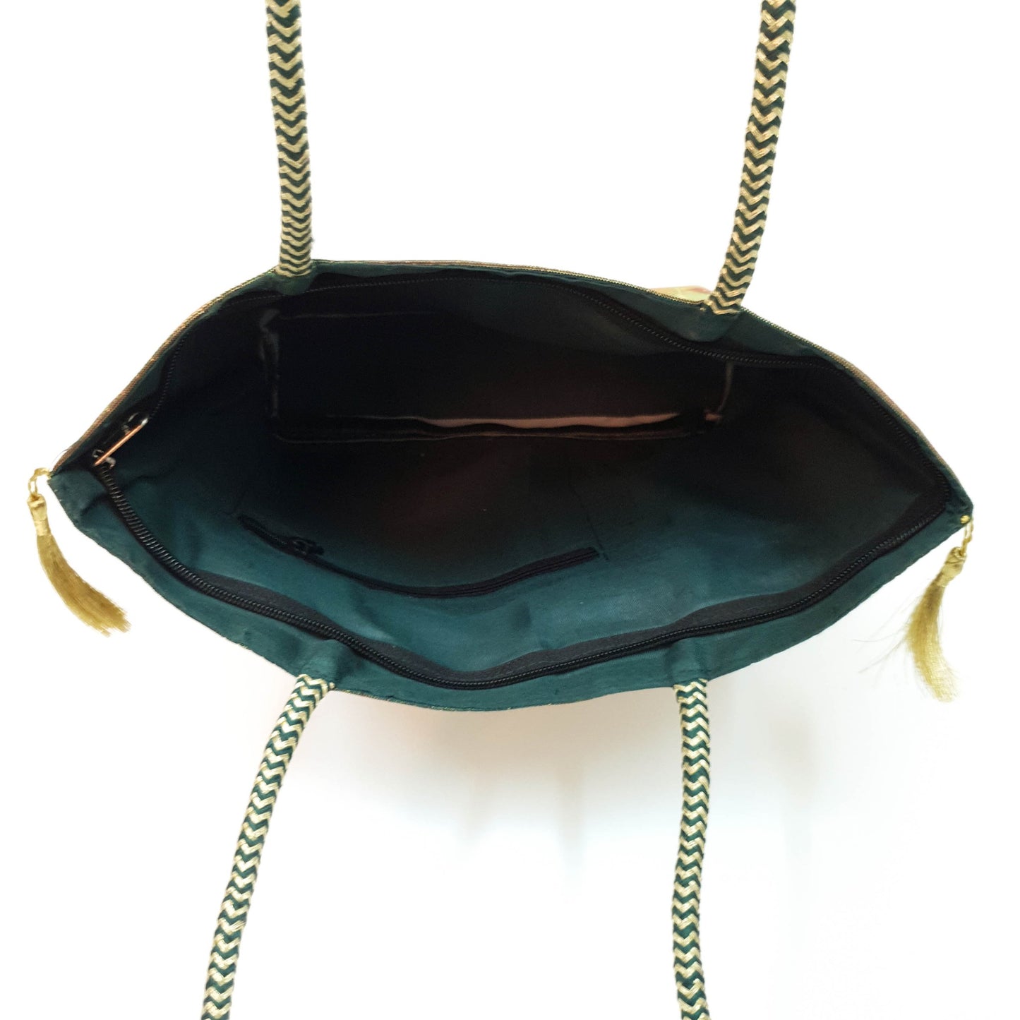 Green Ethnic Hand Bag Banarasi Zari Brocade Golden Tassels in Elephant Motif