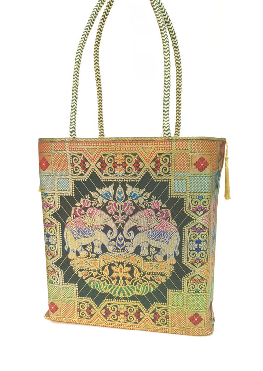 Green Ethnic Hand Bag Banarasi Zari Brocade Golden Tassels in Elephant Motif