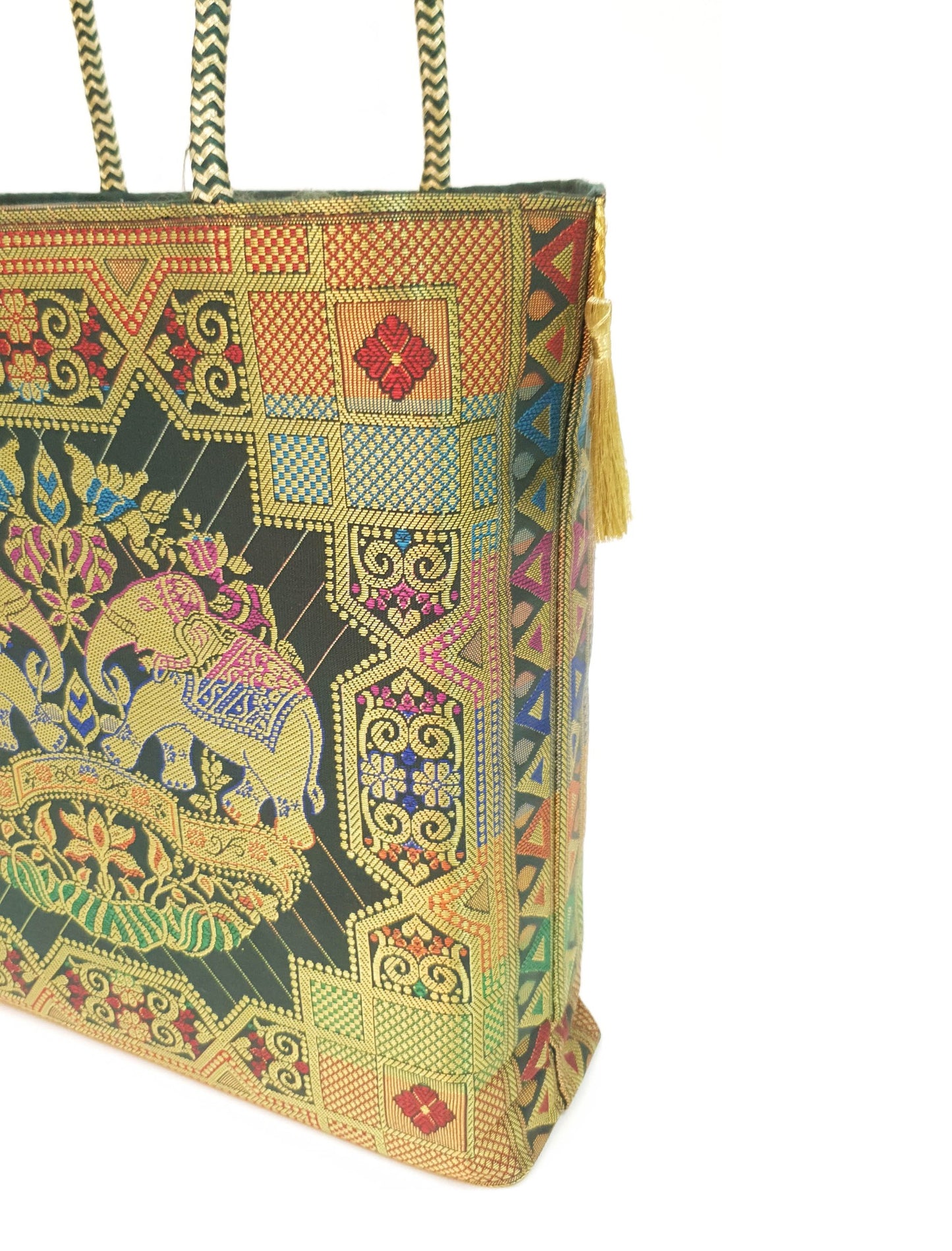 Green Ethnic Hand Bag Banarasi Zari Brocade Golden Tassels in Elephant Motif