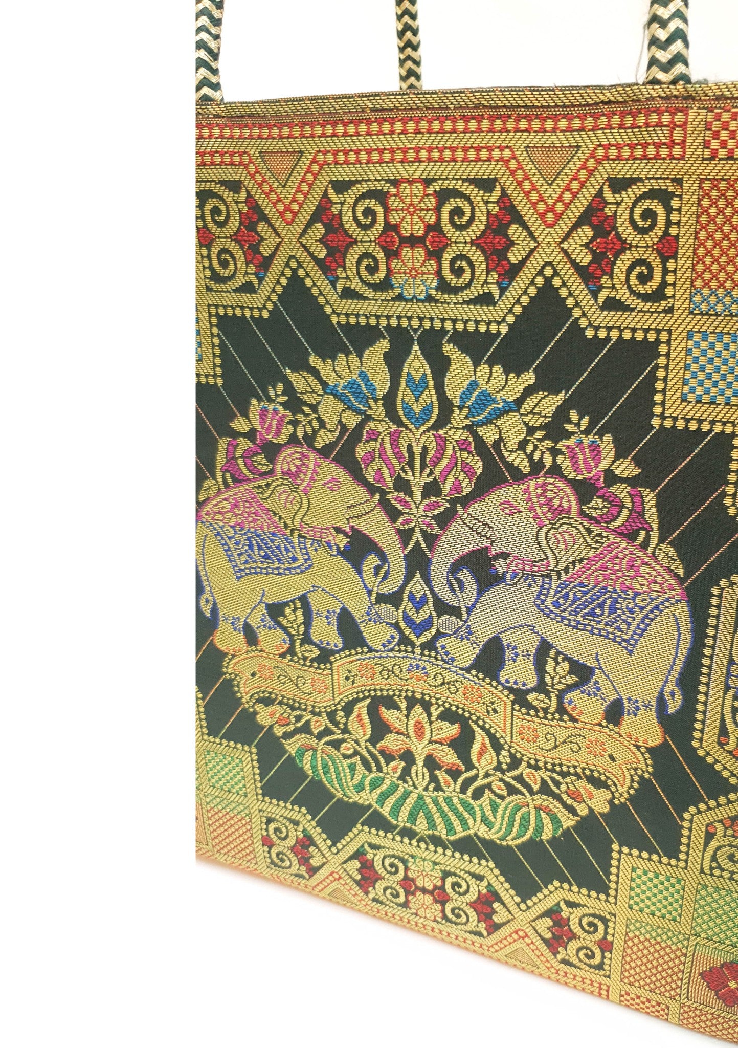 Green Ethnic Hand Bag Banarasi Zari Brocade Golden Tassels in Elephant Motif