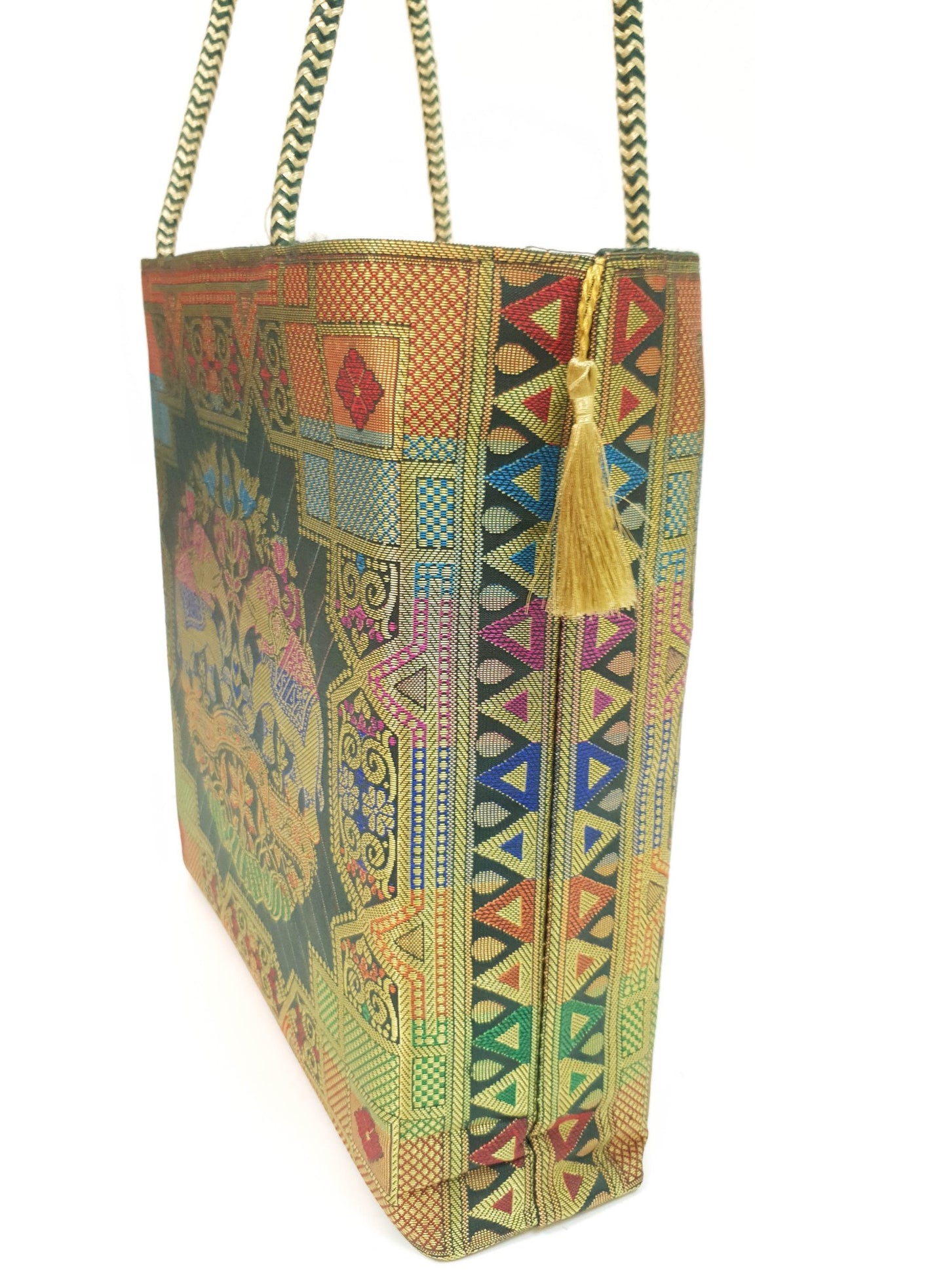 Green Ethnic Hand Bag Banarasi Zari Brocade Golden Tassels in Elephant Motif