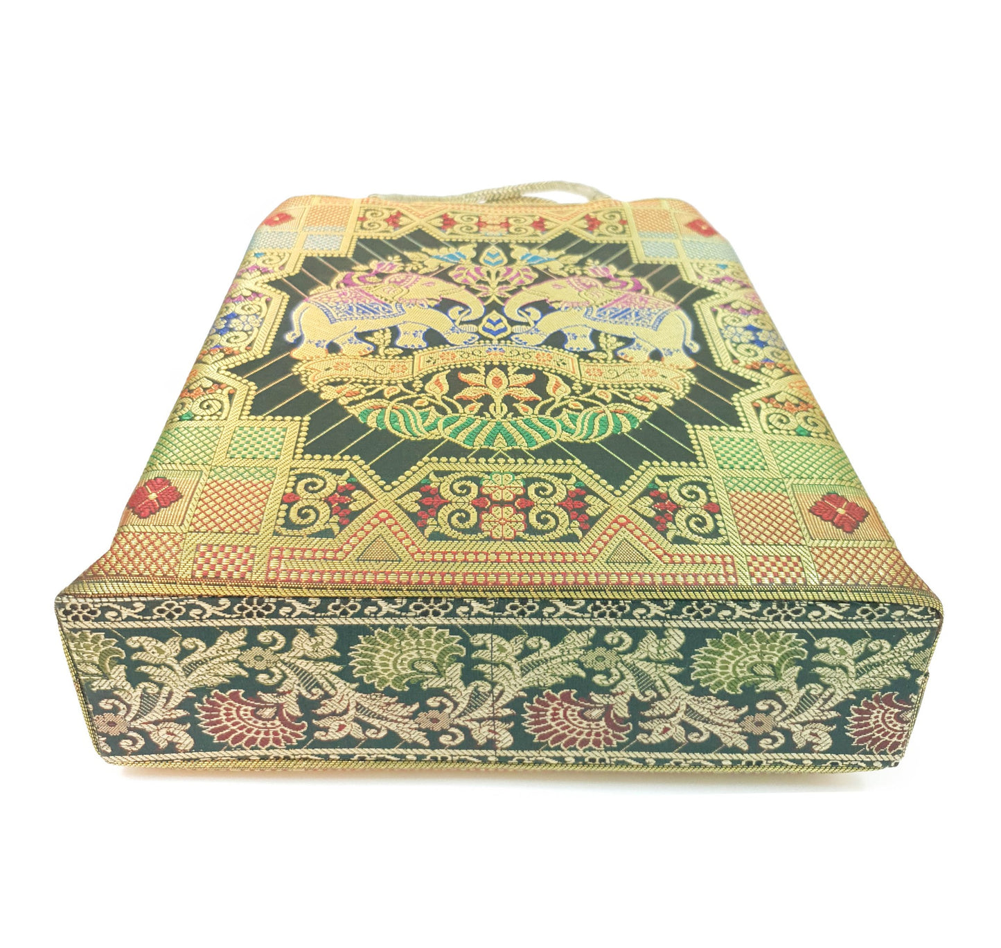 Green Ethnic Hand Bag Banarasi Zari Brocade Golden Tassels in Elephant Motif