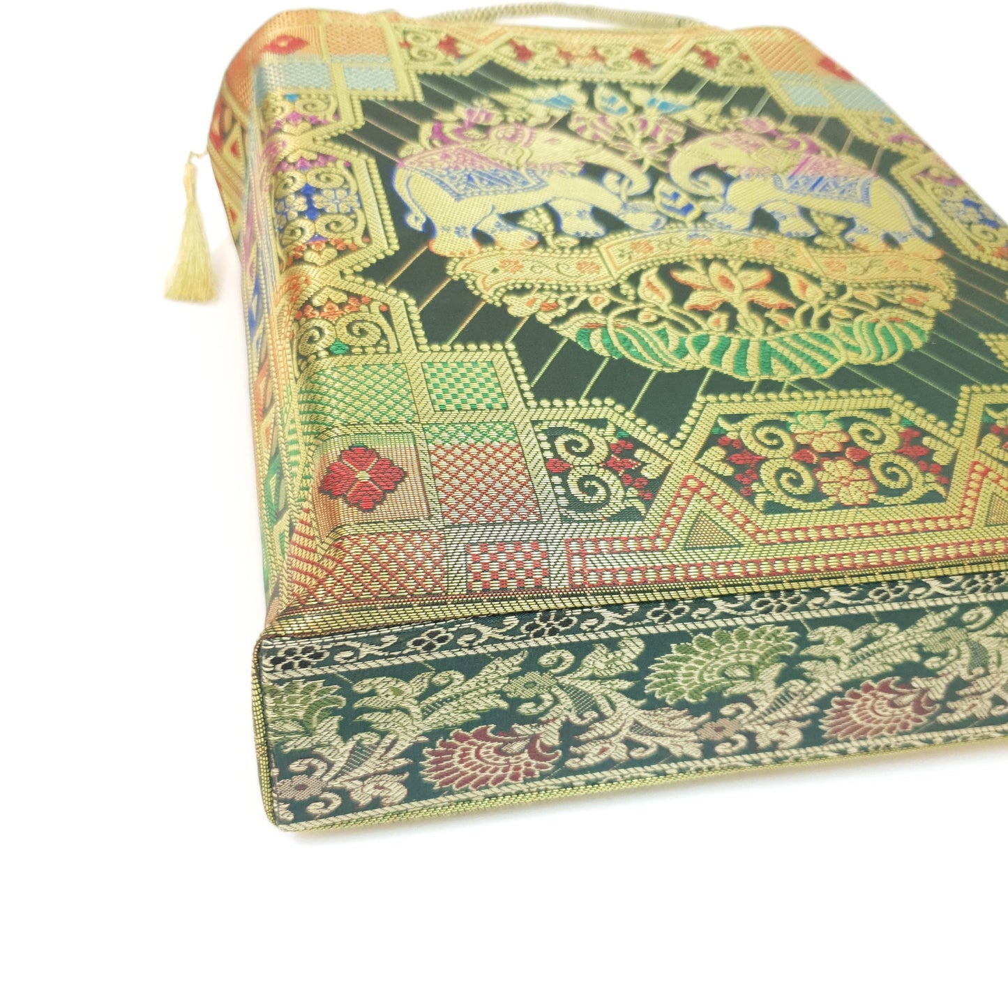 Green Ethnic Hand Bag Banarasi Zari Brocade Golden Tassels in Elephant Motif