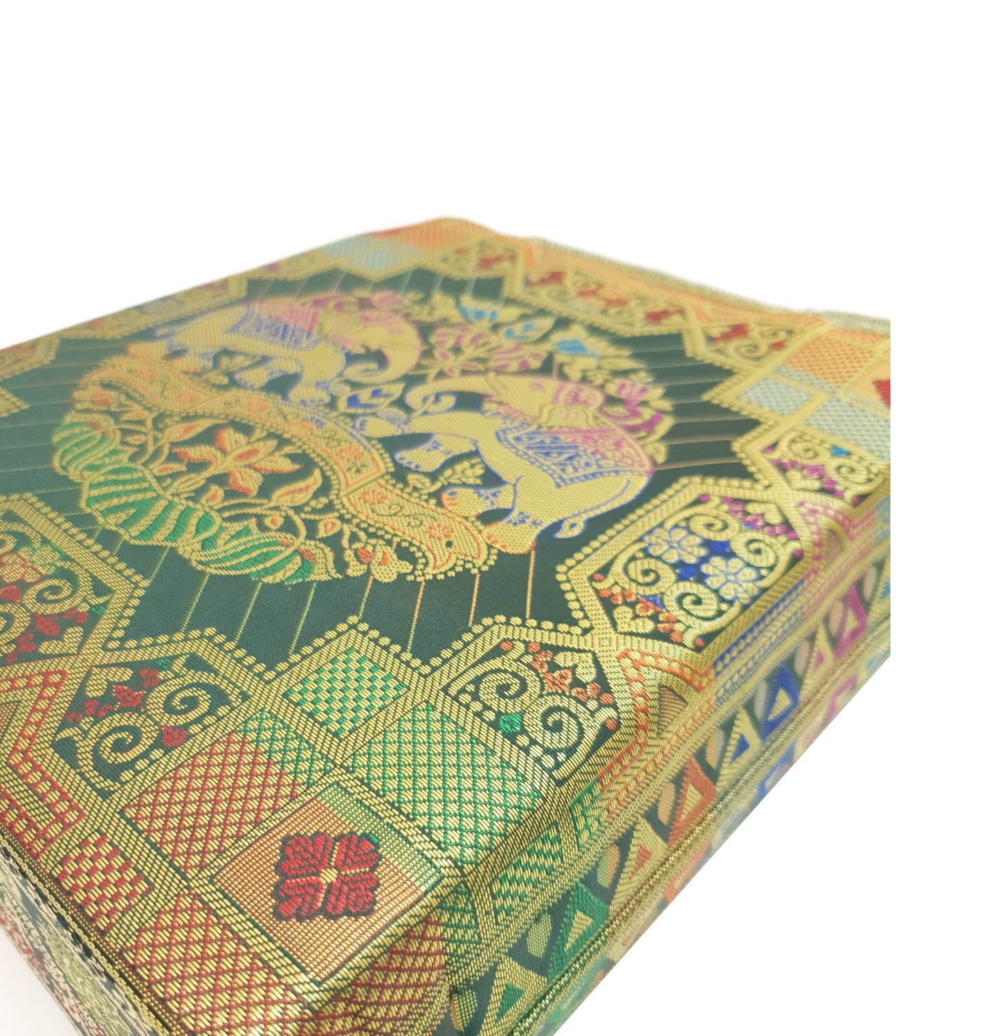 Green Ethnic Hand Bag Banarasi Zari Brocade Golden Tassels in Elephant Motif
