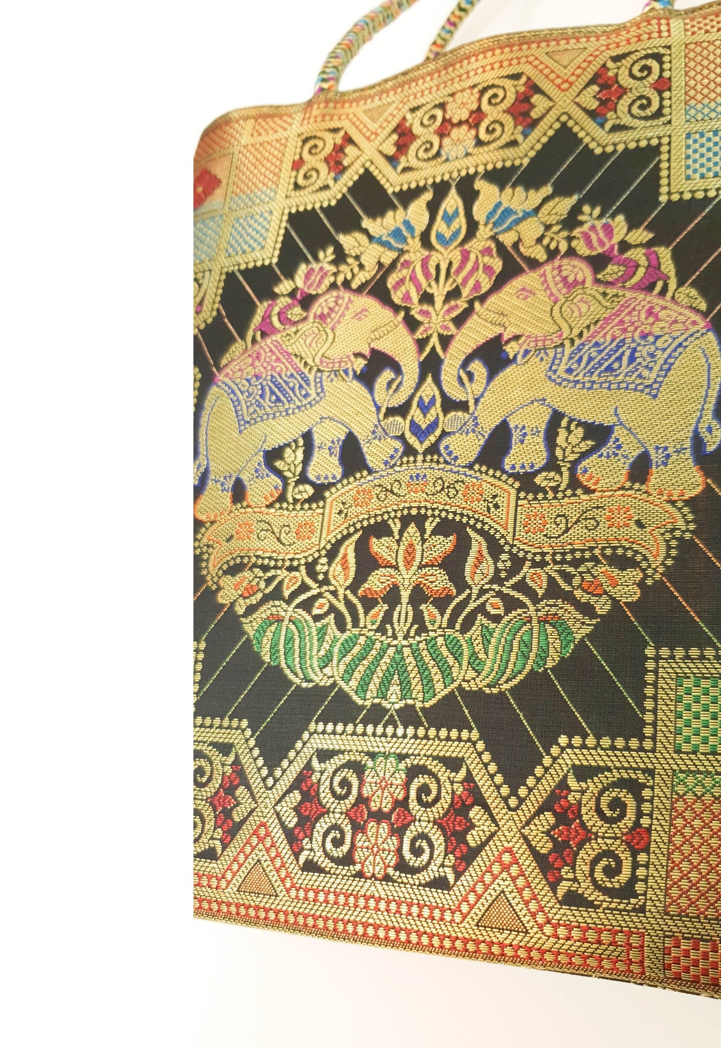 Black Party Wear Hand Bag Banarasi Zari Brocade Golden Tassels In Elephant Motif