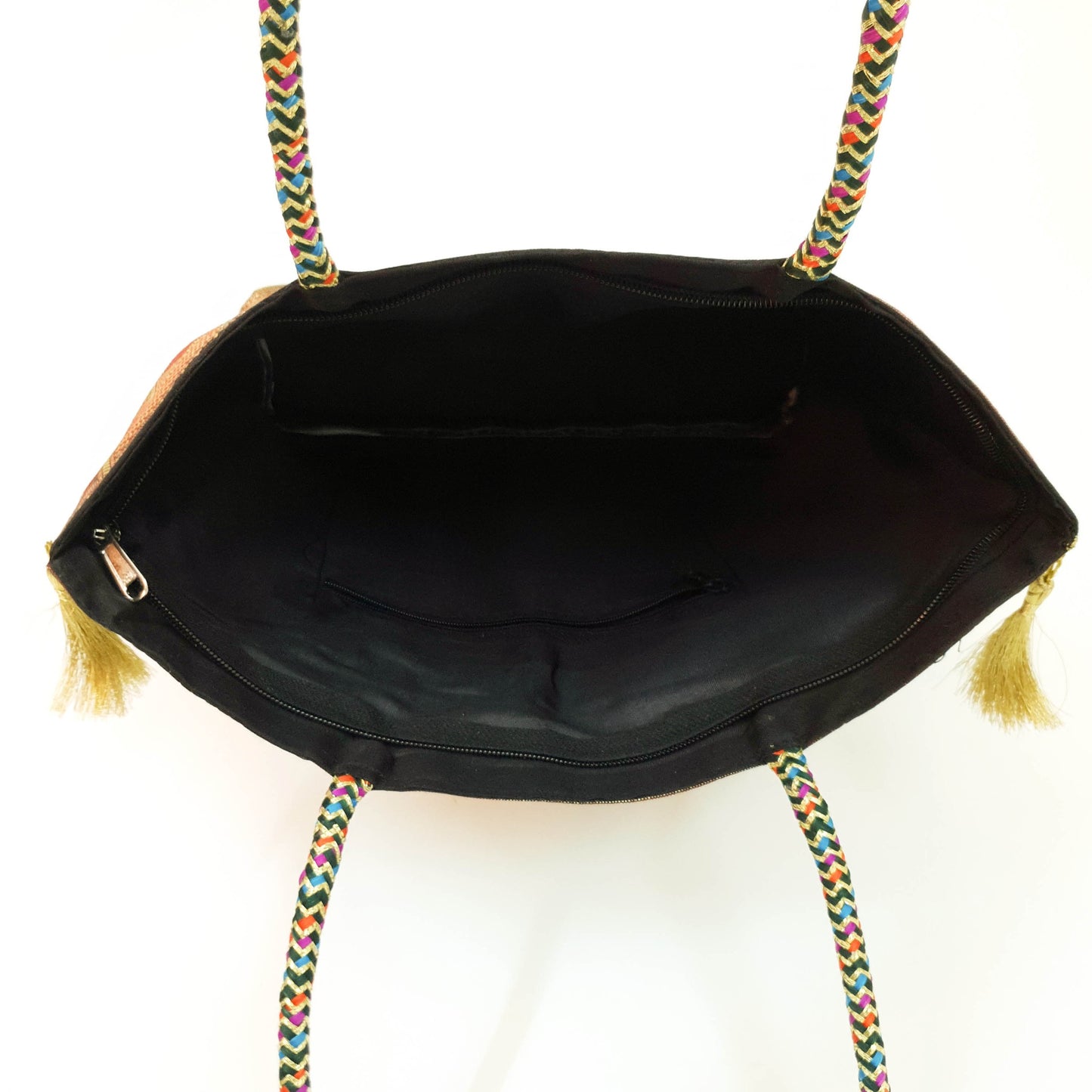 Black Party Wear Hand Bag Banarasi Zari Brocade Golden Tassels In Elephant Motif