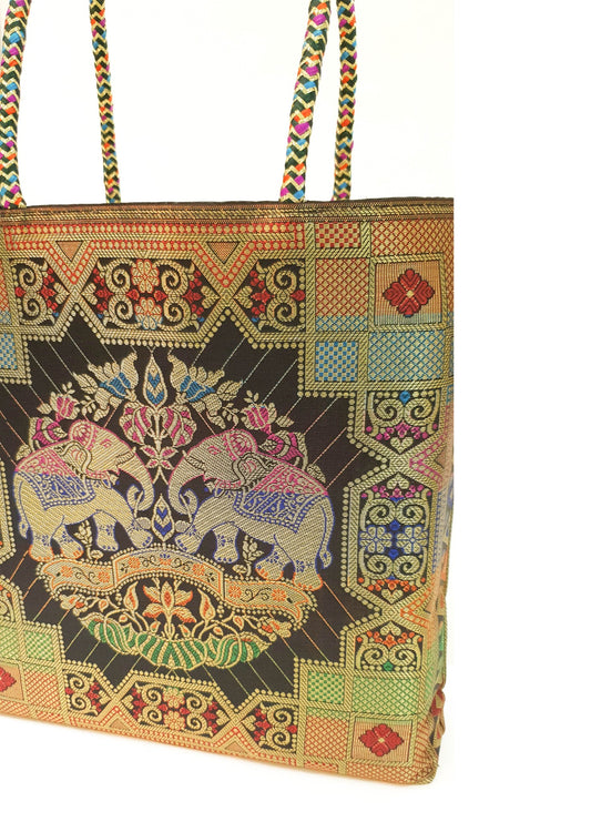 Black Party Wear Hand Bag Banarasi Zari Brocade Golden Tassels In Elephant Motif