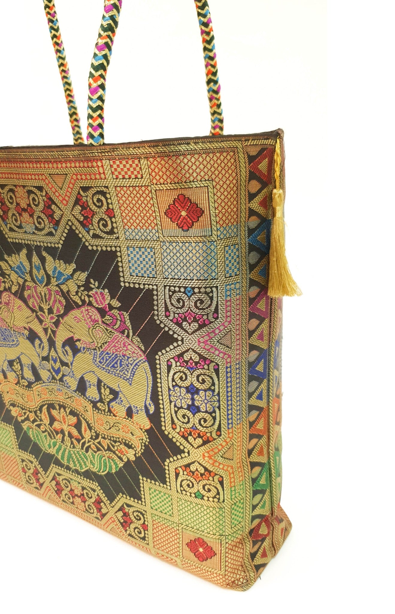 Black Party Wear Hand Bag Banarasi Zari Brocade Golden Tassels In Elephant Motif