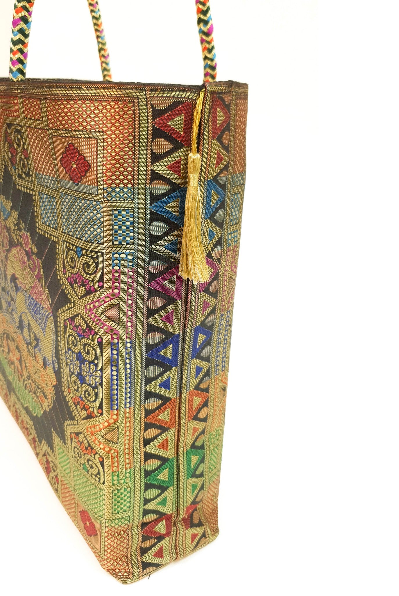 Black Party Wear Hand Bag Banarasi Zari Brocade Golden Tassels In Elephant Motif