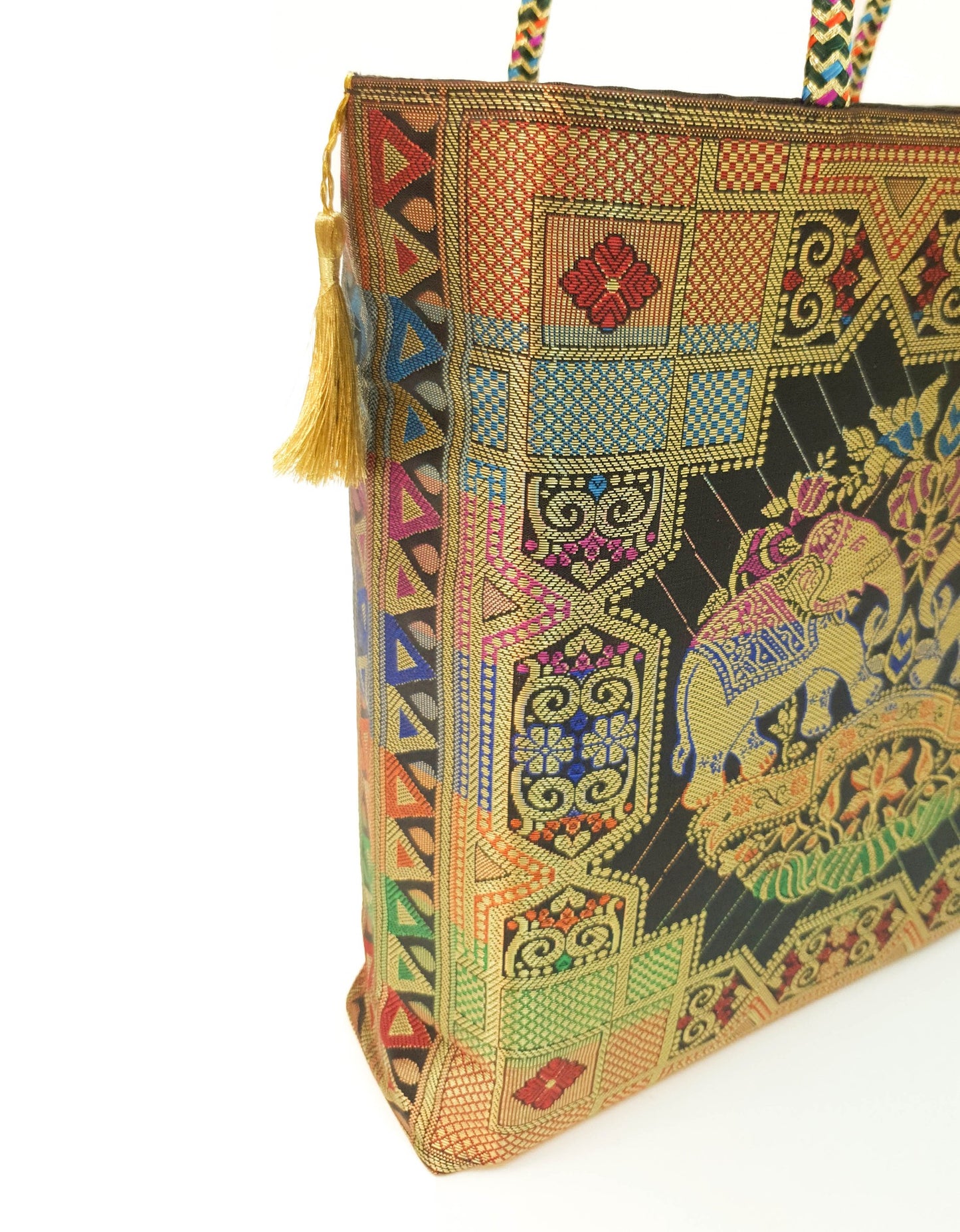 Black Party Wear Hand Bag Banarasi Zari Brocade Golden Tassels In Elephant Motif