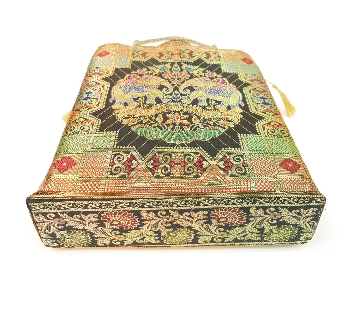 Black Party Wear Hand Bag Banarasi Zari Brocade Golden Tassels In Elephant Motif