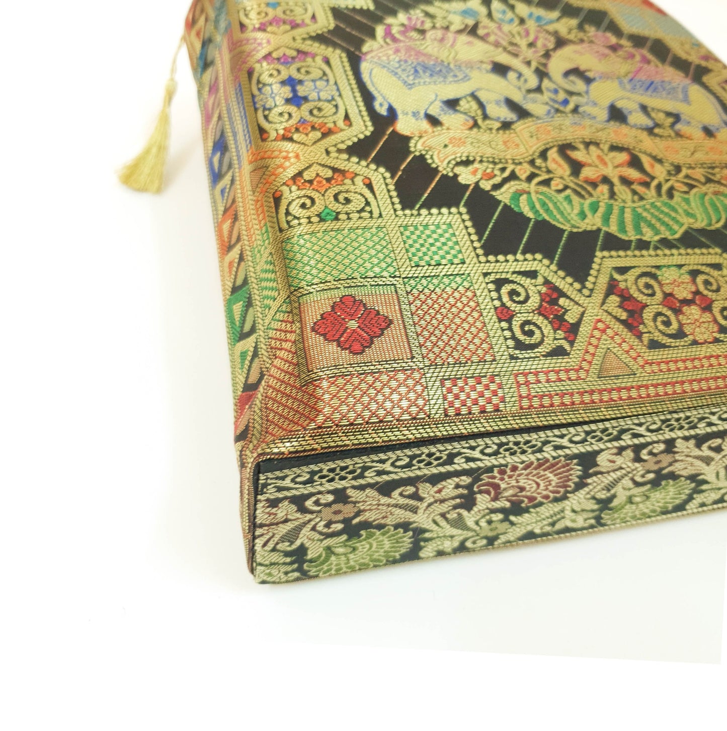 Black Party Wear Hand Bag Banarasi Zari Brocade Golden Tassels In Elephant Motif