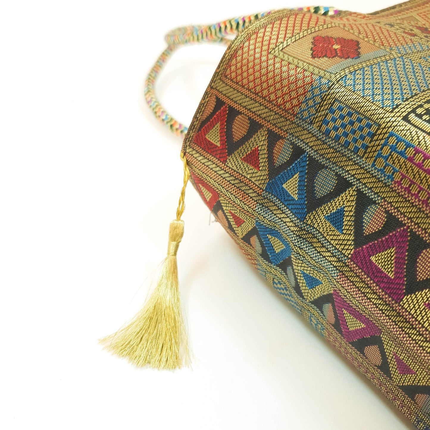 Black Party Wear Hand Bag Banarasi Zari Brocade Golden Tassels In Elephant Motif