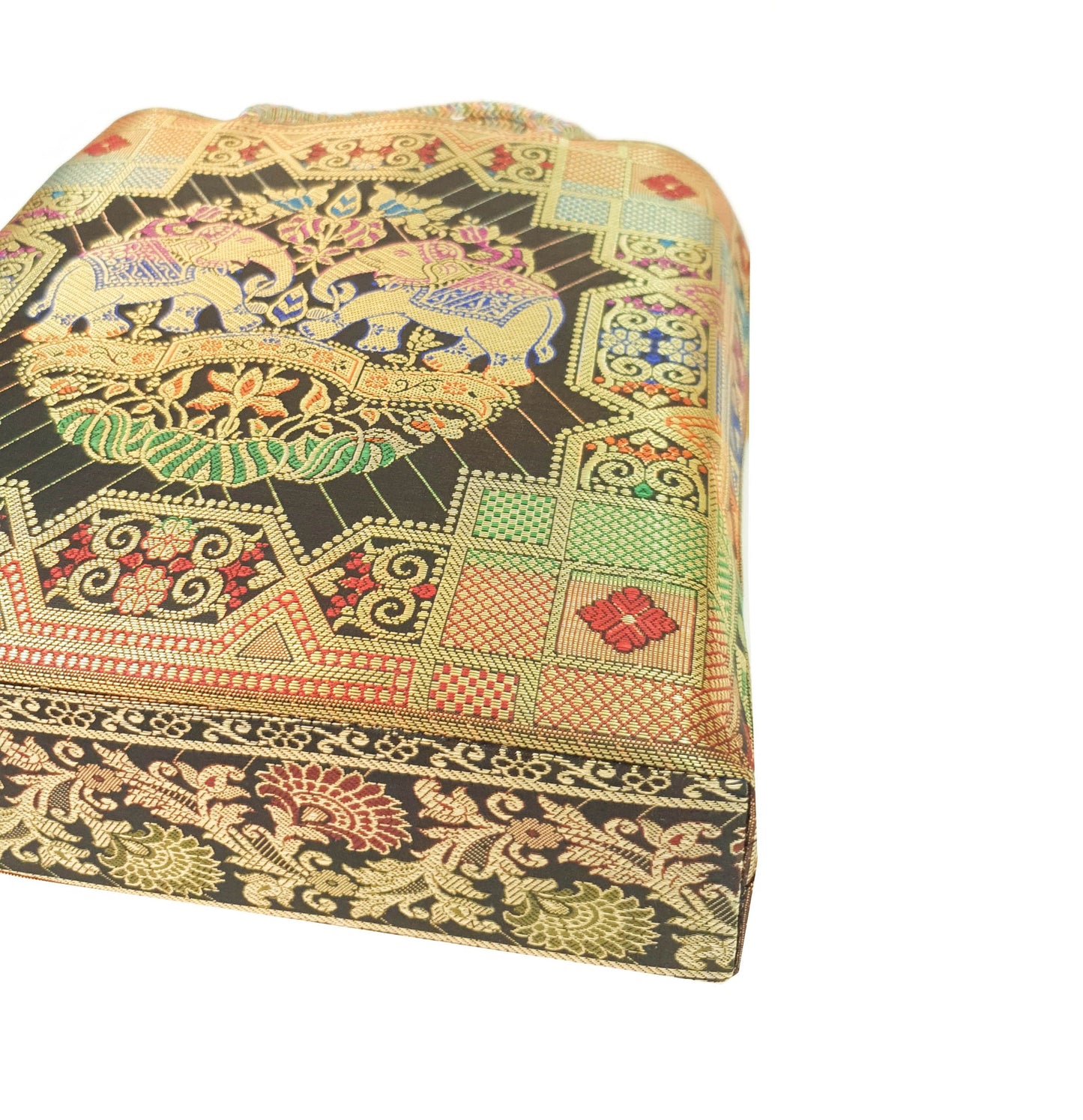 Black Party Wear Hand Bag Banarasi Zari Brocade Golden Tassels In Elephant Motif