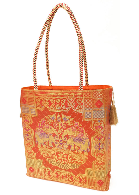 Orange Traditional Hand Bag Banarasi Zari Brocade Golden Tassels Elephant Motif