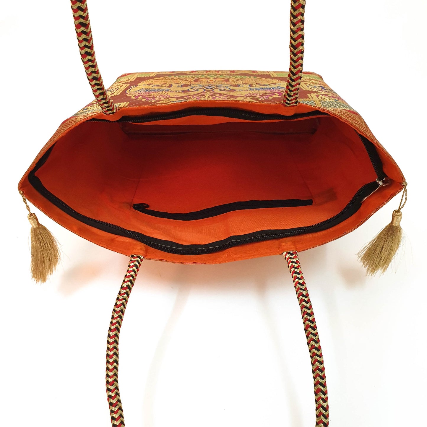 Orange Traditional Hand Bag Banarasi Zari Brocade Golden Tassels Elephant Motif