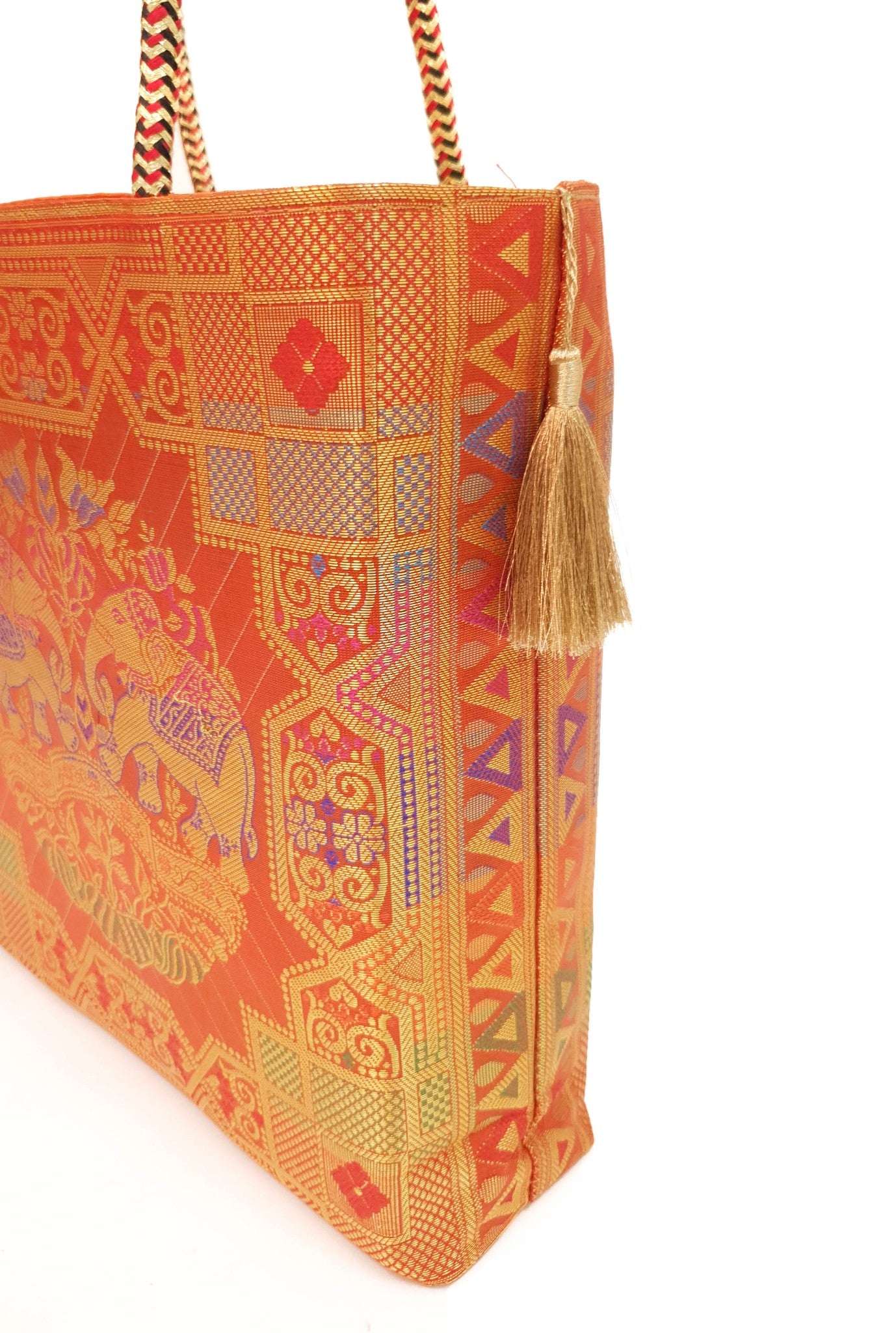 Orange Traditional Hand Bag Banarasi Zari Brocade Golden Tassels Elephant Motif