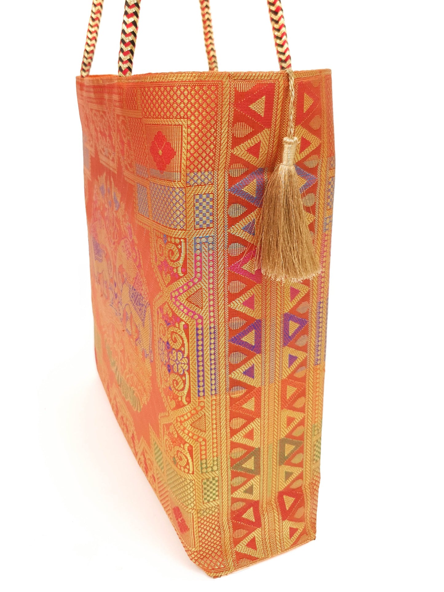 Orange Traditional Hand Bag Banarasi Zari Brocade Golden Tassels Elephant Motif
