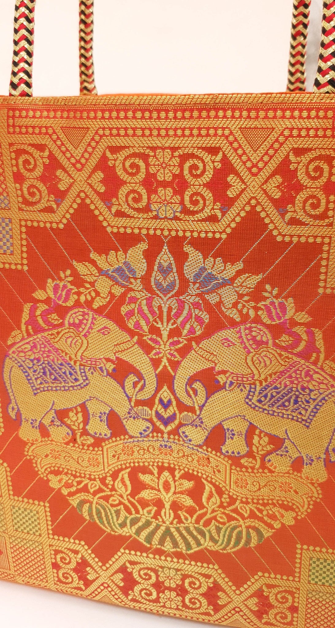 Orange Traditional Hand Bag Banarasi Zari Brocade Golden Tassels Elephant Motif