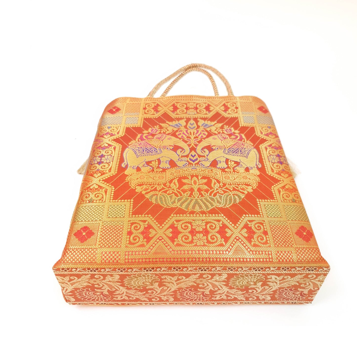 Orange Traditional Hand Bag Banarasi Zari Brocade Golden Tassels Elephant Motif