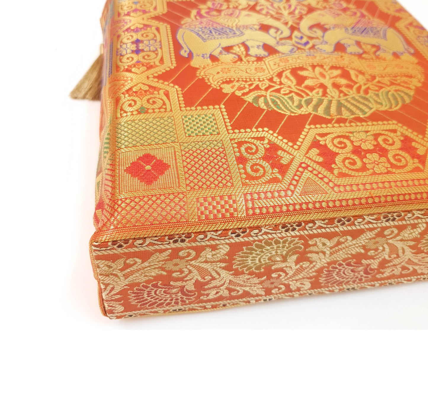 Orange Traditional Hand Bag Banarasi Zari Brocade Golden Tassels Elephant Motif