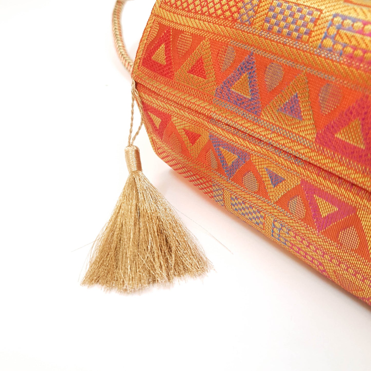 Orange Traditional Hand Bag Banarasi Zari Brocade Golden Tassels Elephant Motif