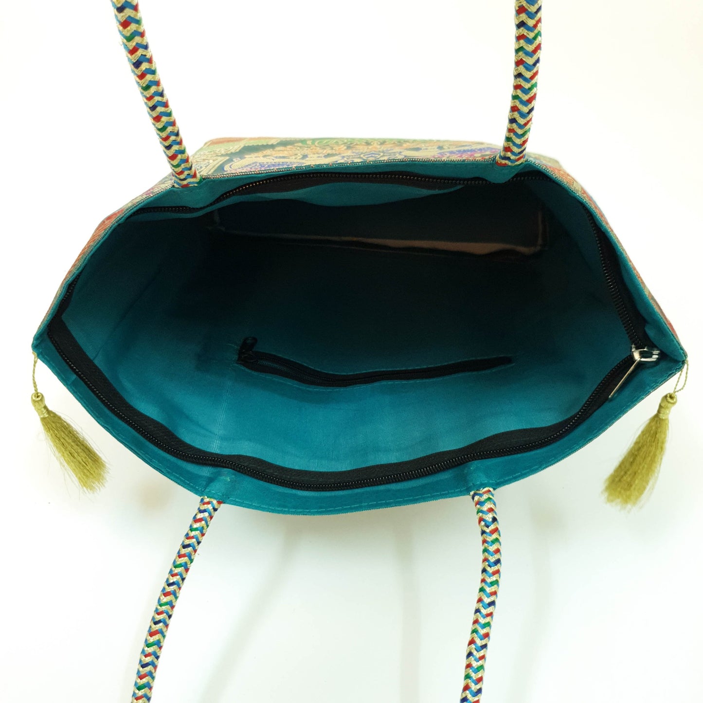 Teal Green Hand Bag Ethnic Banarasi Zari Brocade Golden Tassels Elephant Motif