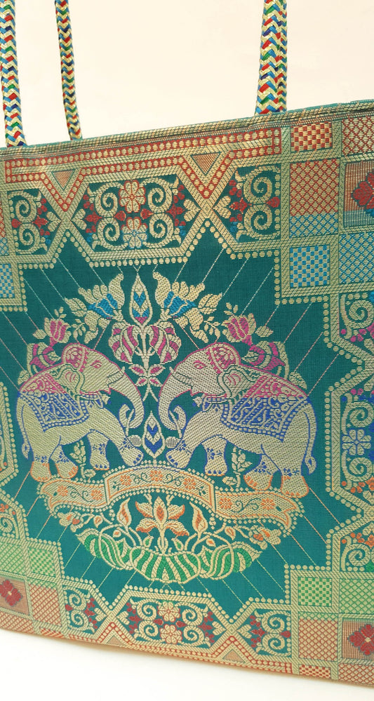Teal Green Hand Bag Ethnic Banarasi Zari Brocade Golden Tassels Elephant Motif