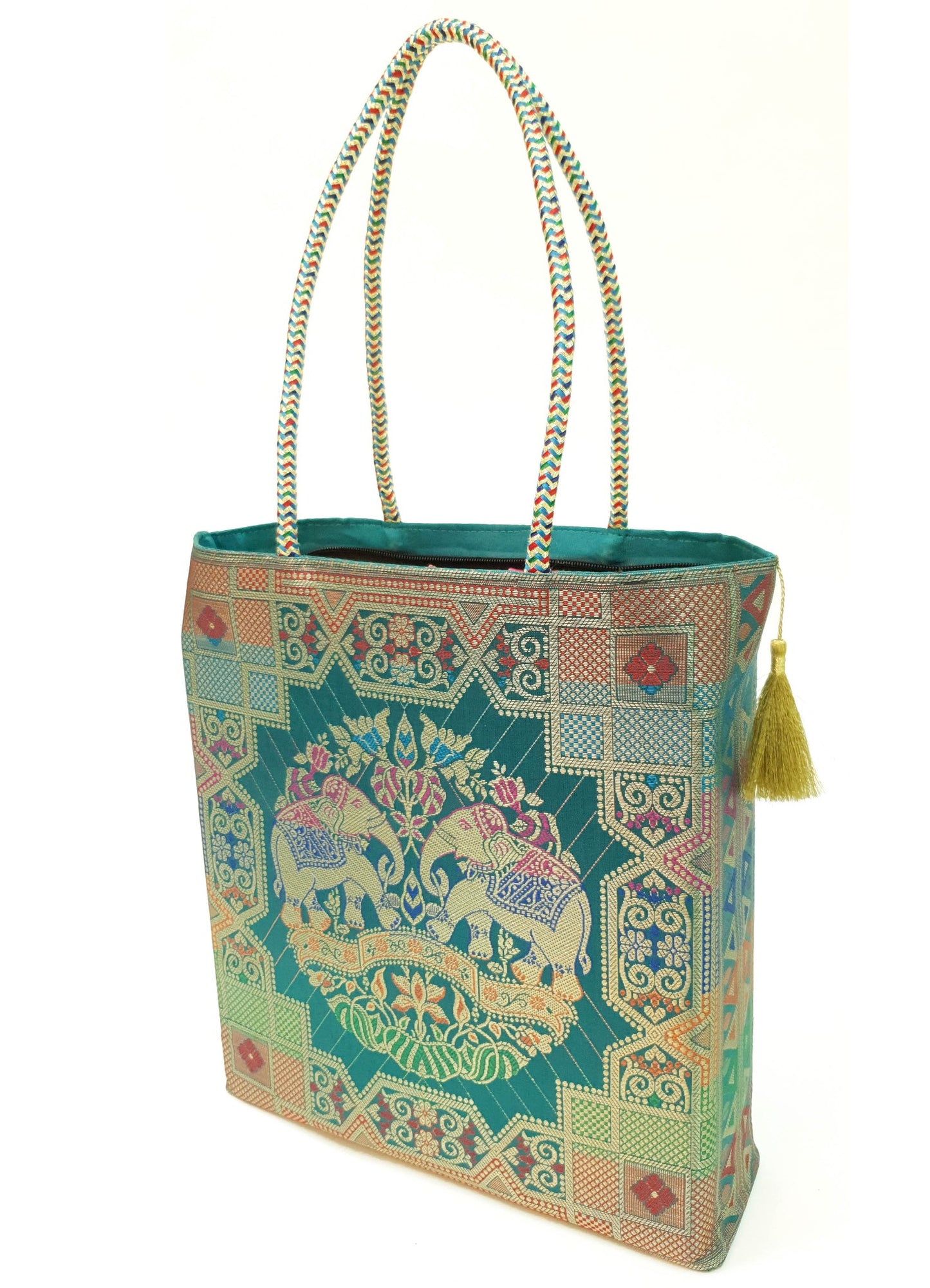 Teal Green Hand Bag Ethnic Banarasi Zari Brocade Golden Tassels Elephant Motif