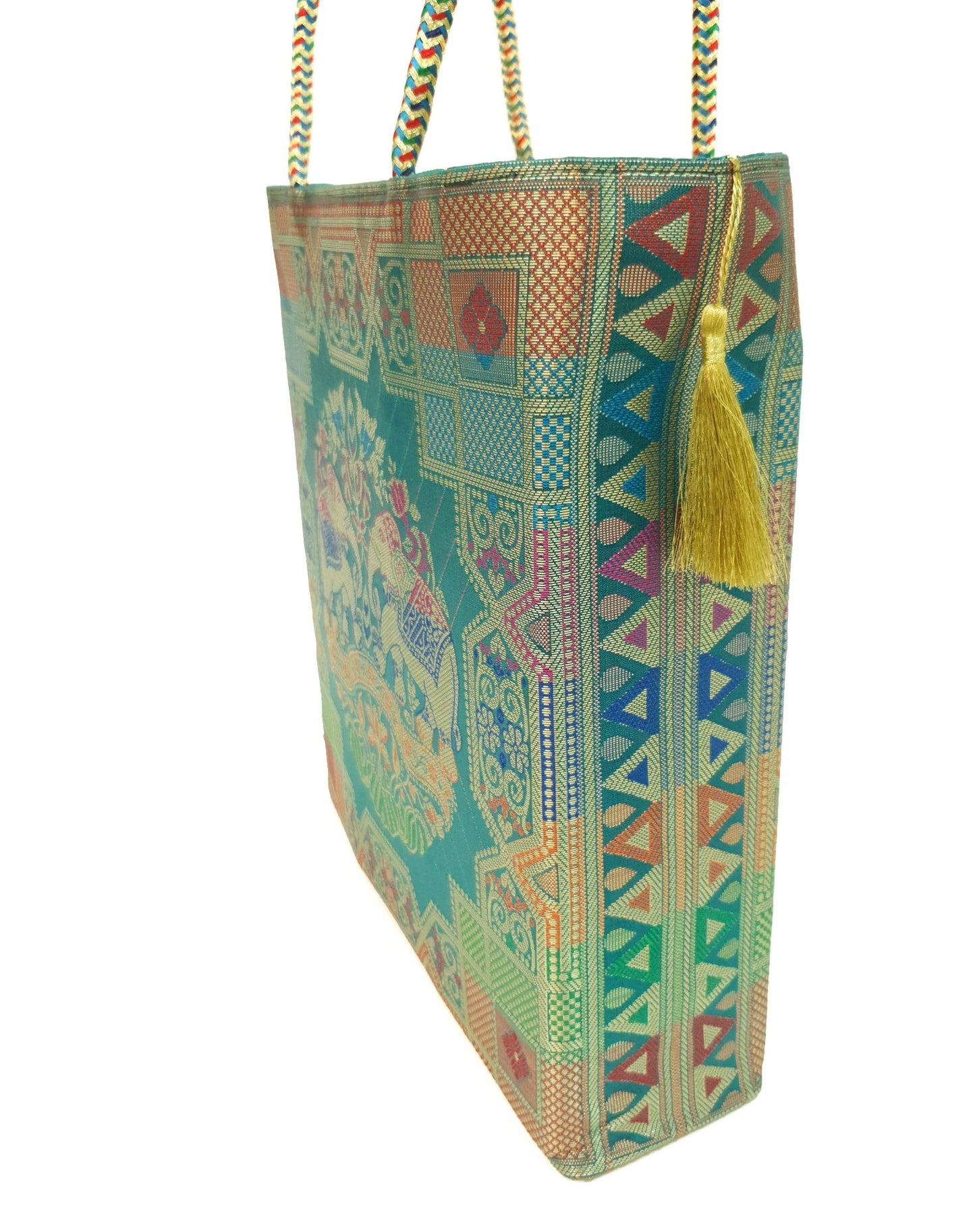 Teal Green Hand Bag Ethnic Banarasi Zari Brocade Golden Tassels Elephant Motif