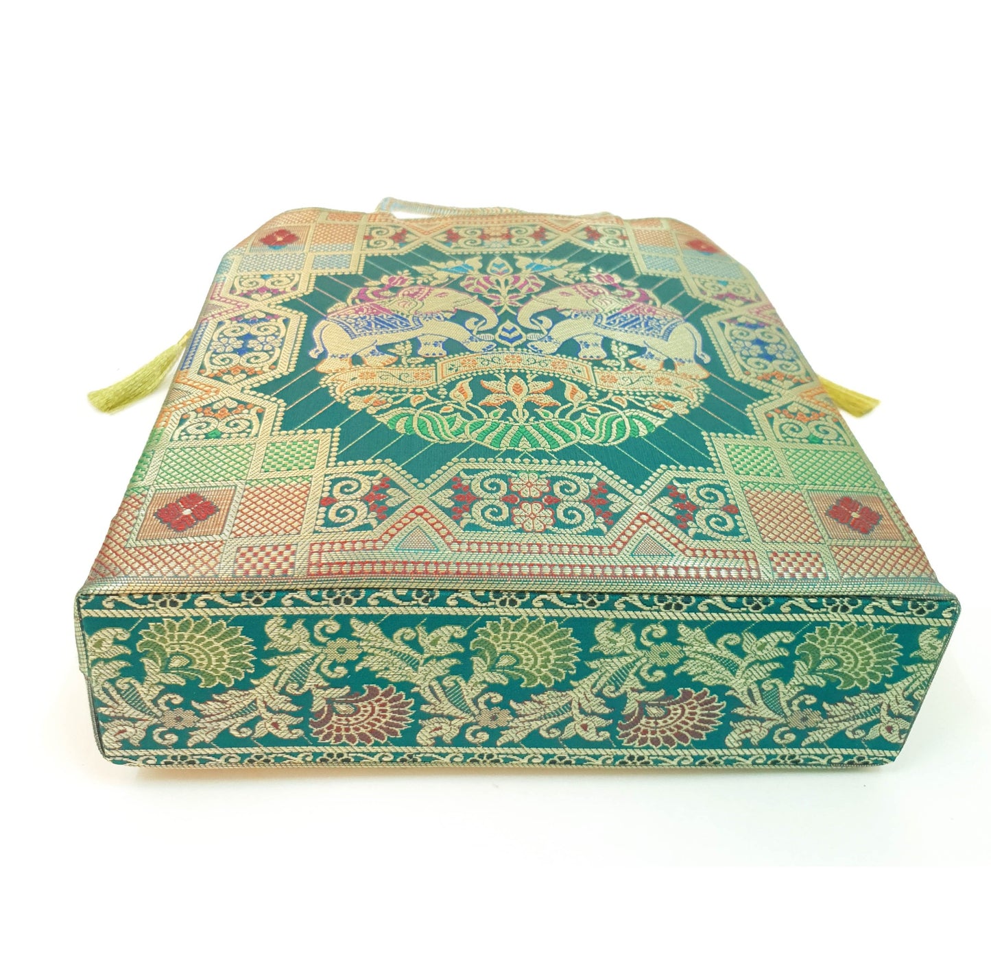 Teal Green Hand Bag Ethnic Banarasi Zari Brocade Golden Tassels Elephant Motif