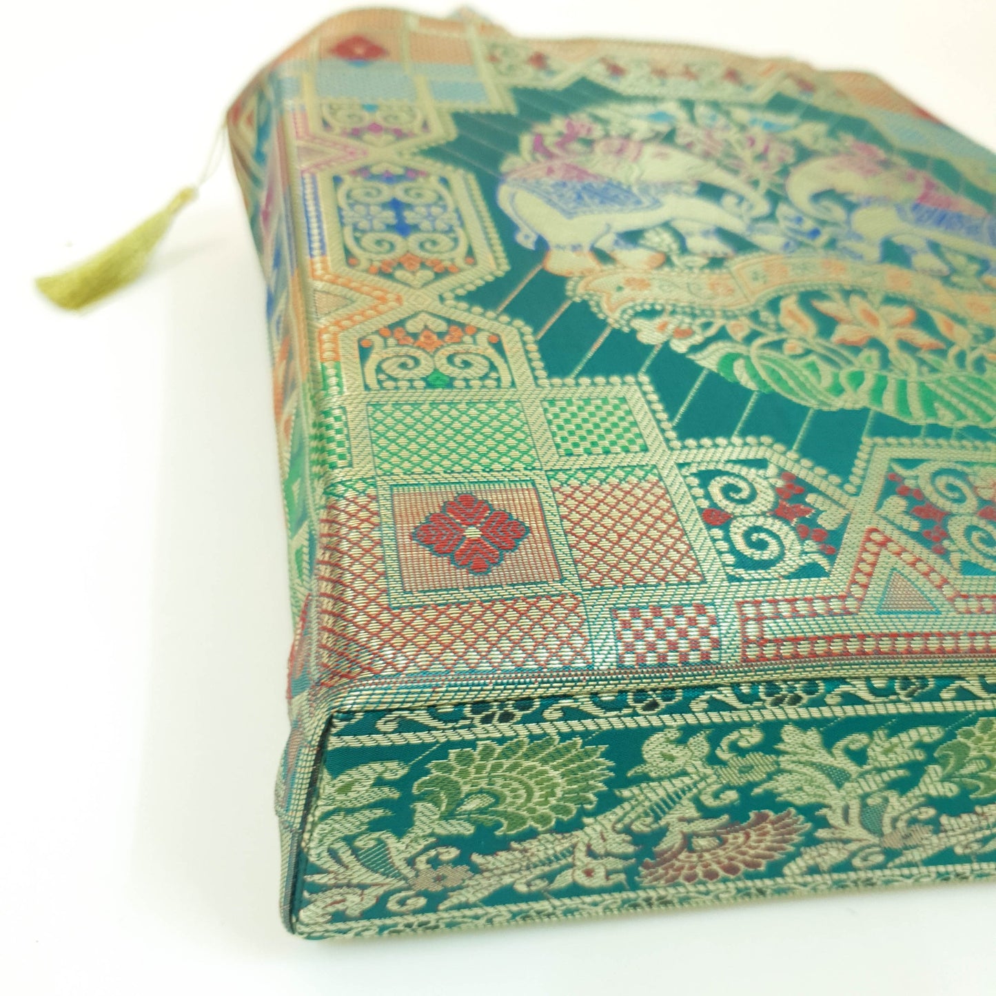 Teal Green Hand Bag Ethnic Banarasi Zari Brocade Golden Tassels Elephant Motif