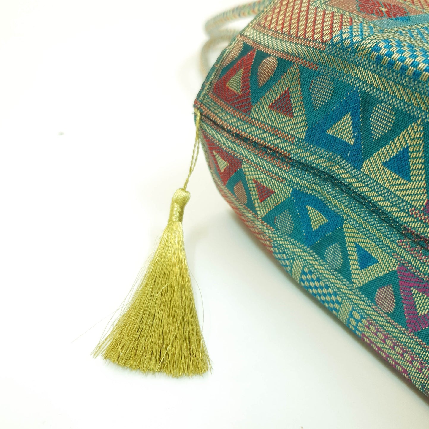 Teal Green Hand Bag Ethnic Banarasi Zari Brocade Golden Tassels Elephant Motif