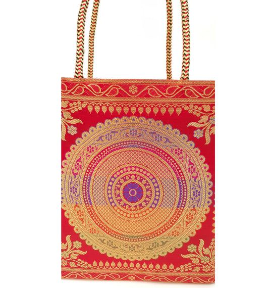 Red Mandala Handbag Indian Ethnic Woven Zari Brocade Traditional Shoulder Bag