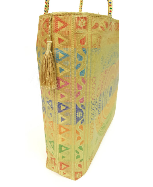 Mandala Beige Handbag Indian Ethnic Woven Zari Brocade Women Shoulder Hand Bag
