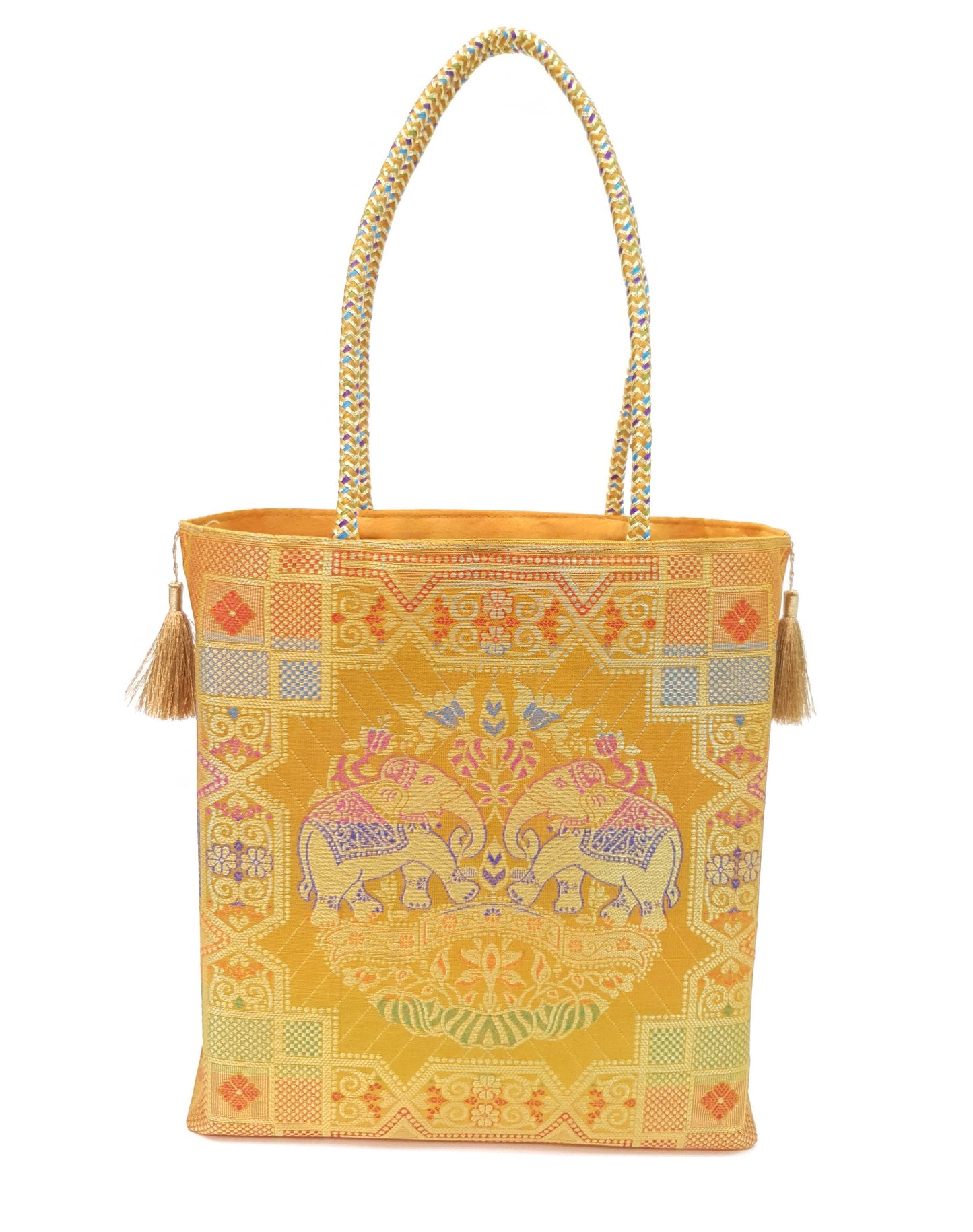 Mustard Hand Bag Ethnic Banarasi Zari Brocade Golden Tassels In Elephant Motif