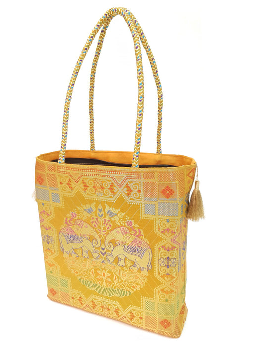 Mustard Hand Bag Ethnic Banarasi Zari Brocade Golden Tassels In Elephant Motif