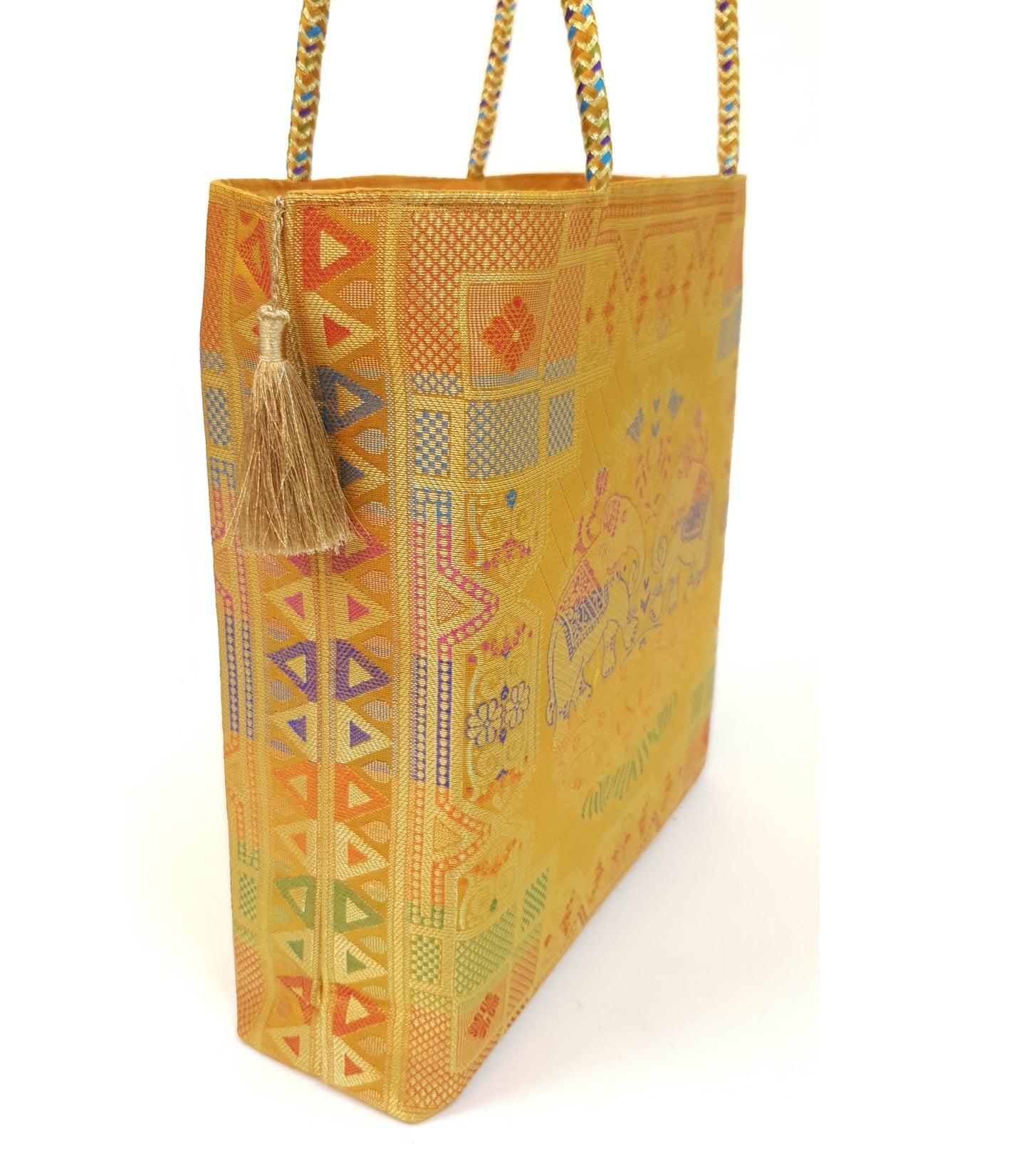 Mustard Hand Bag Ethnic Banarasi Zari Brocade Golden Tassels In Elephant Motif